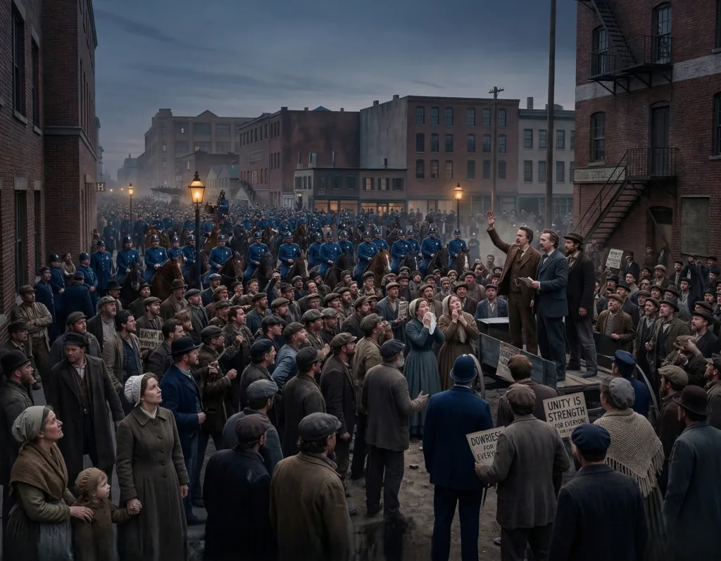 4 Mayıs 1886 Haymarket Meydanı. Bomba patlamadan işçi liderleri mitingde konuşurken